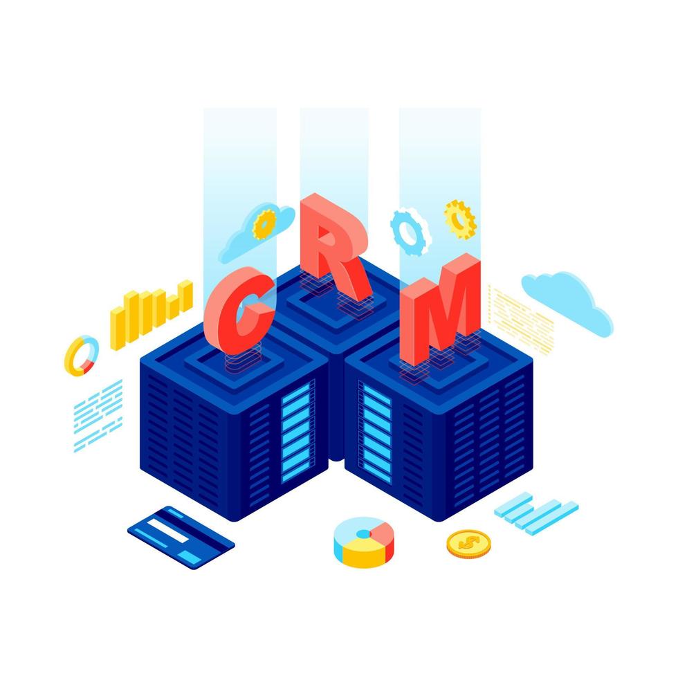 CRM system isometric vector illustration. Customer relationship management software. CRM server, database, Saas. Client data storage and analytics. Ecommerce statistic, marketing automation 3d concept
