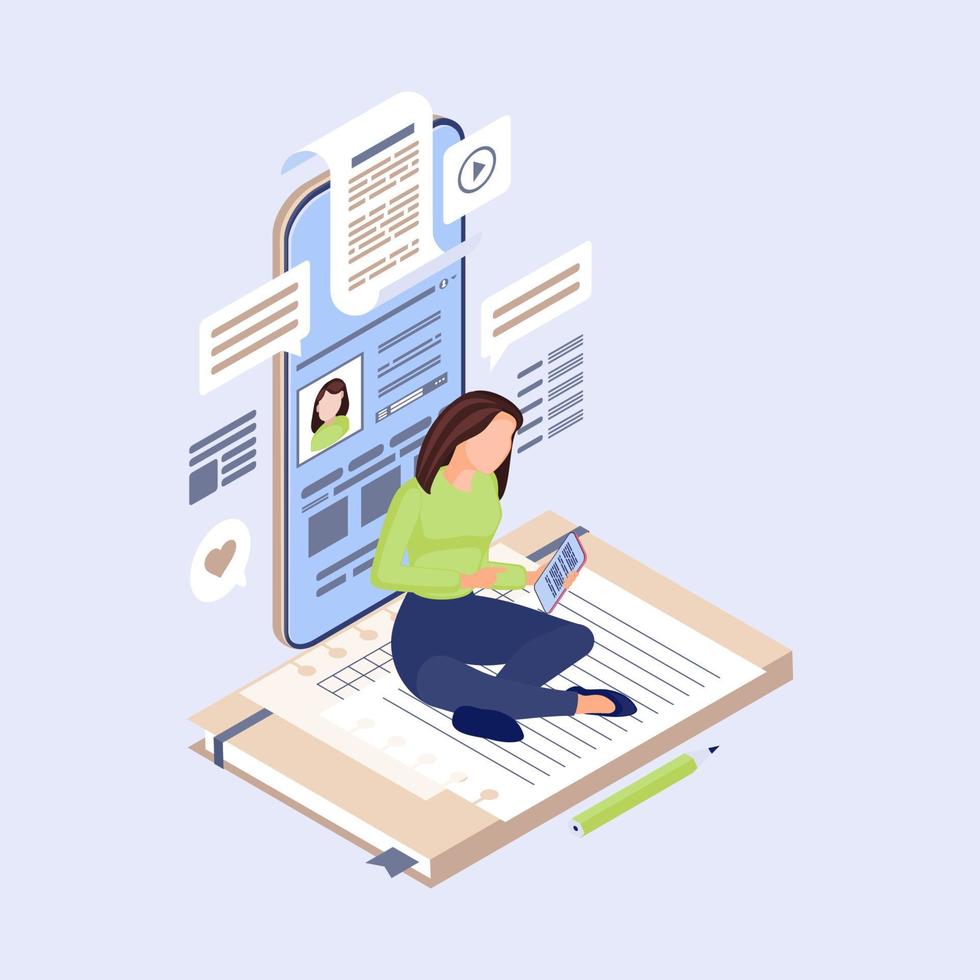 Content marketing isometric vector illustration. SMM manager, content writer, copywriter creating social media post. Copywriting, digital inbound marketing 3d concept. Blogger, freelancer character