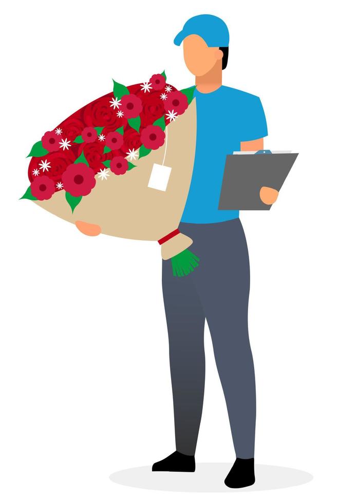 Flowers delivery service flat vector illustration. Deliveryman, courier holding bouquet and order receipt isolated cartoon character on white background. Presents, gifts express delivery concept