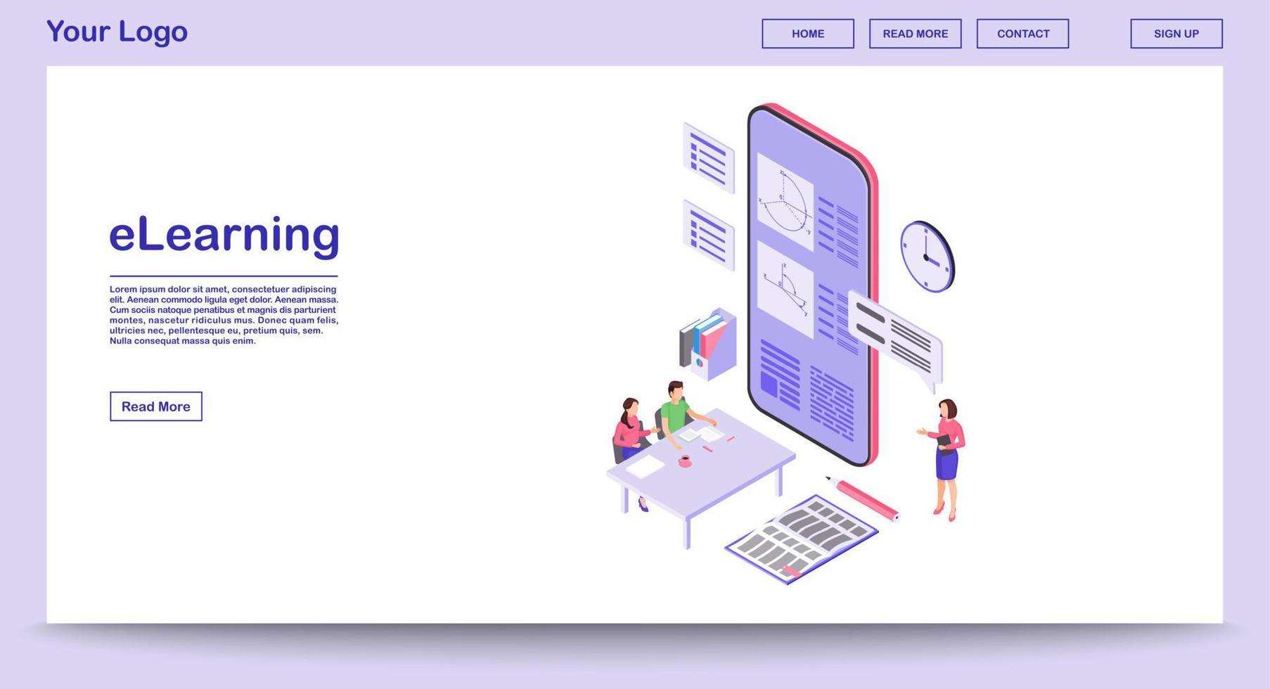 E learning webpage vector template with isometric illustration. Remote education. Online school. Educational smartphone app, studying math, geometry. Website interface layout. Webpage 3d concept