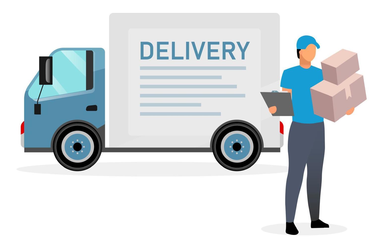 Deliveryman with parcels flat illustration. Courier, postman holding cardboard boxes and clipboard isolated cartoon character on white background. Delivery van, cargo truck. Shipping service concept vector