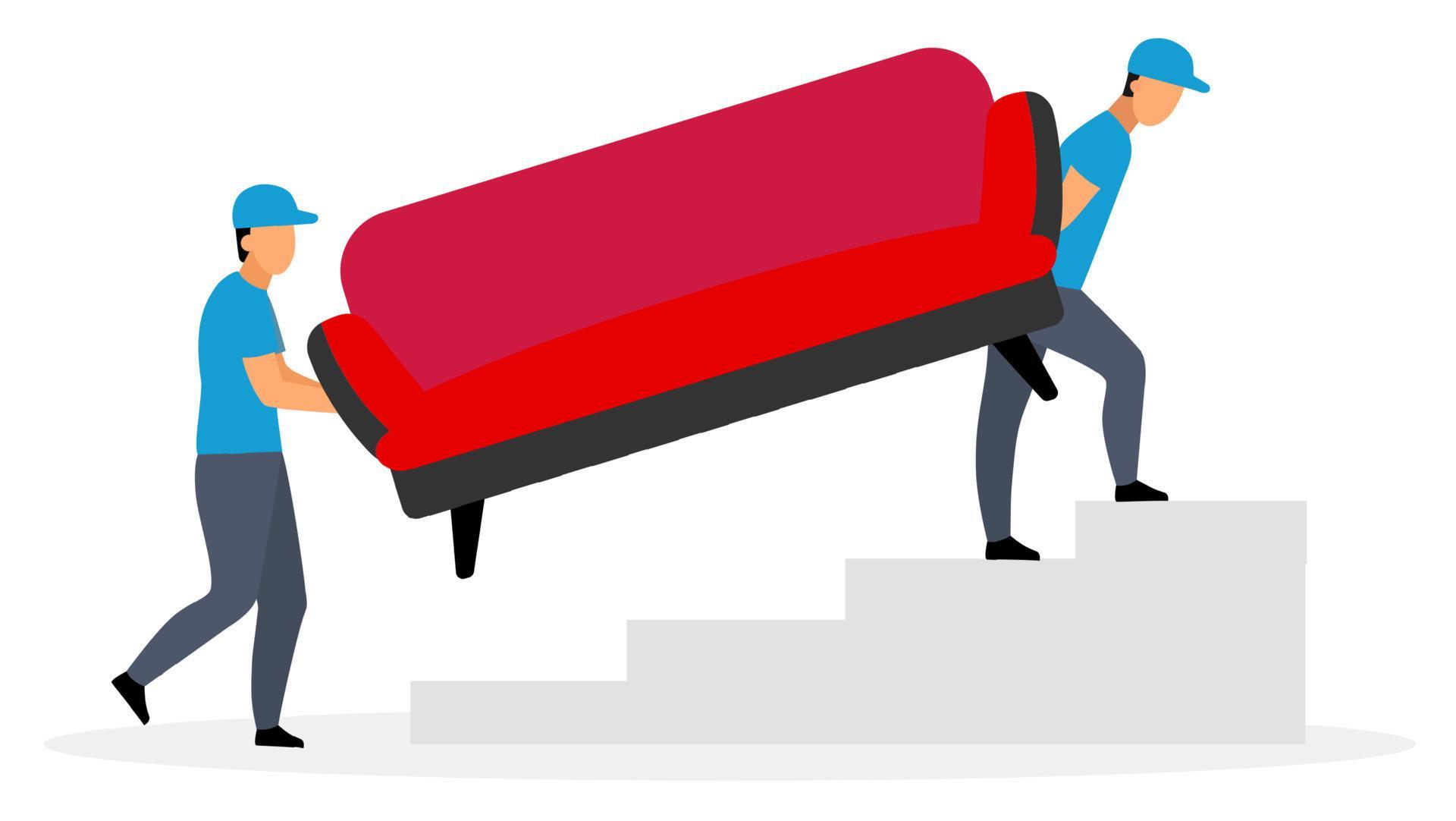 Couriers carrying sofa flat vector illustration. Deliveryman, postman