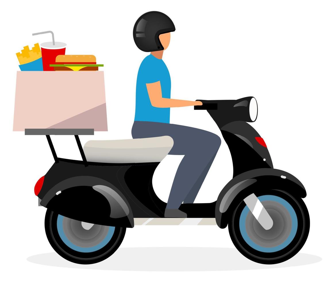 Ilustración de vector plano de servicio de entrega de comida rápida. motociclista conduciendo scooter personaje de dibujos animados aislado sobre fondo blanco. mensajero, repartidor montando bicicleta, motocicleta, entrega de pedidos de café