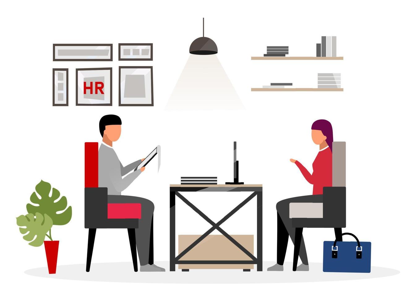 Meeting HR specialist flat vector illustration. Recruiting expert interviewing potential employee. Female applicant, candidate discussing job requirements. Recruiter, headhunter studying resume