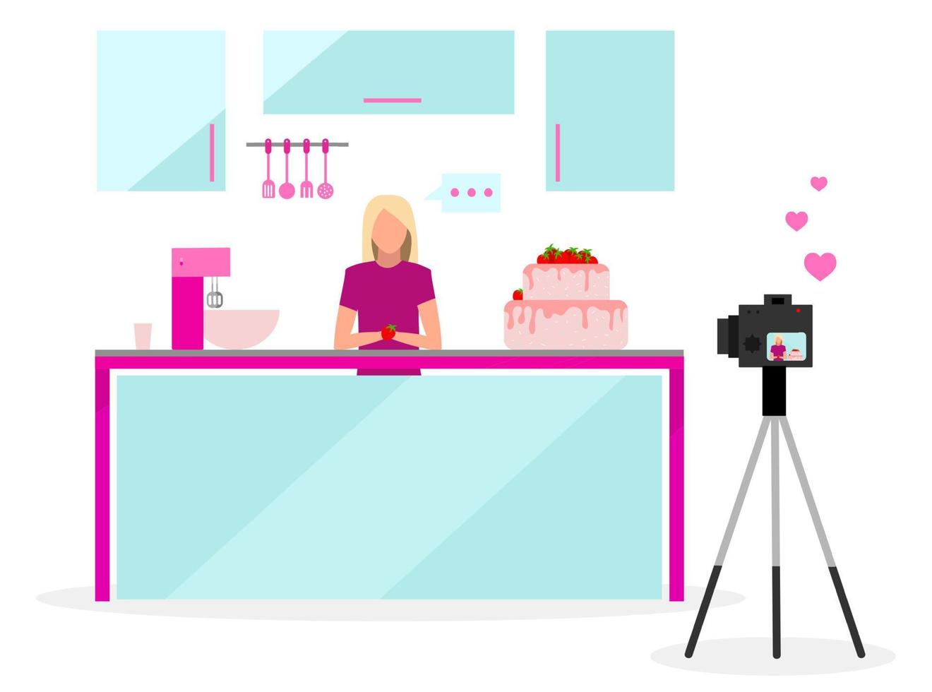 Cook blogger flat vector illustration. Filmmaker, vlogger, influencer streaming video. Confectionery, bakery video tutorial. Social media vlog content. Isolated cartoon character on white background