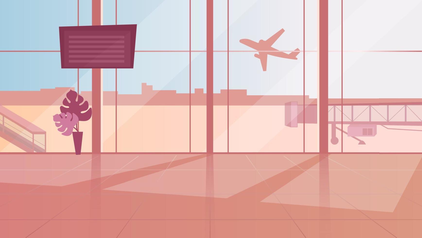 Ilustración de vector plano de sala de espera de aeropuerto vacío. Hall terminal iluminado por el sol con ventanales panoramicos. Monitor con horario de llegada. avión despegando. viajes internacionales, turismo, industria aérea