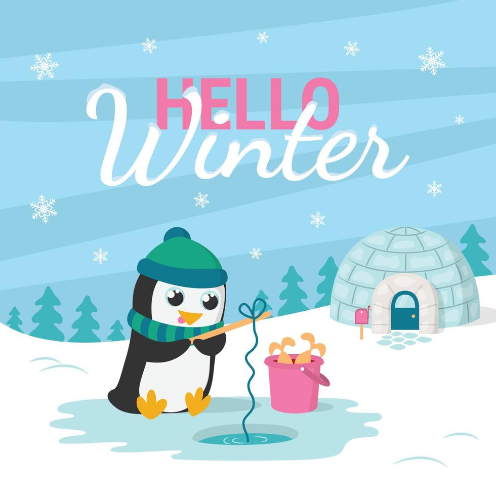 hola tarjeta de invierno con lindo pingüino pescador en bufanda e iglú vector