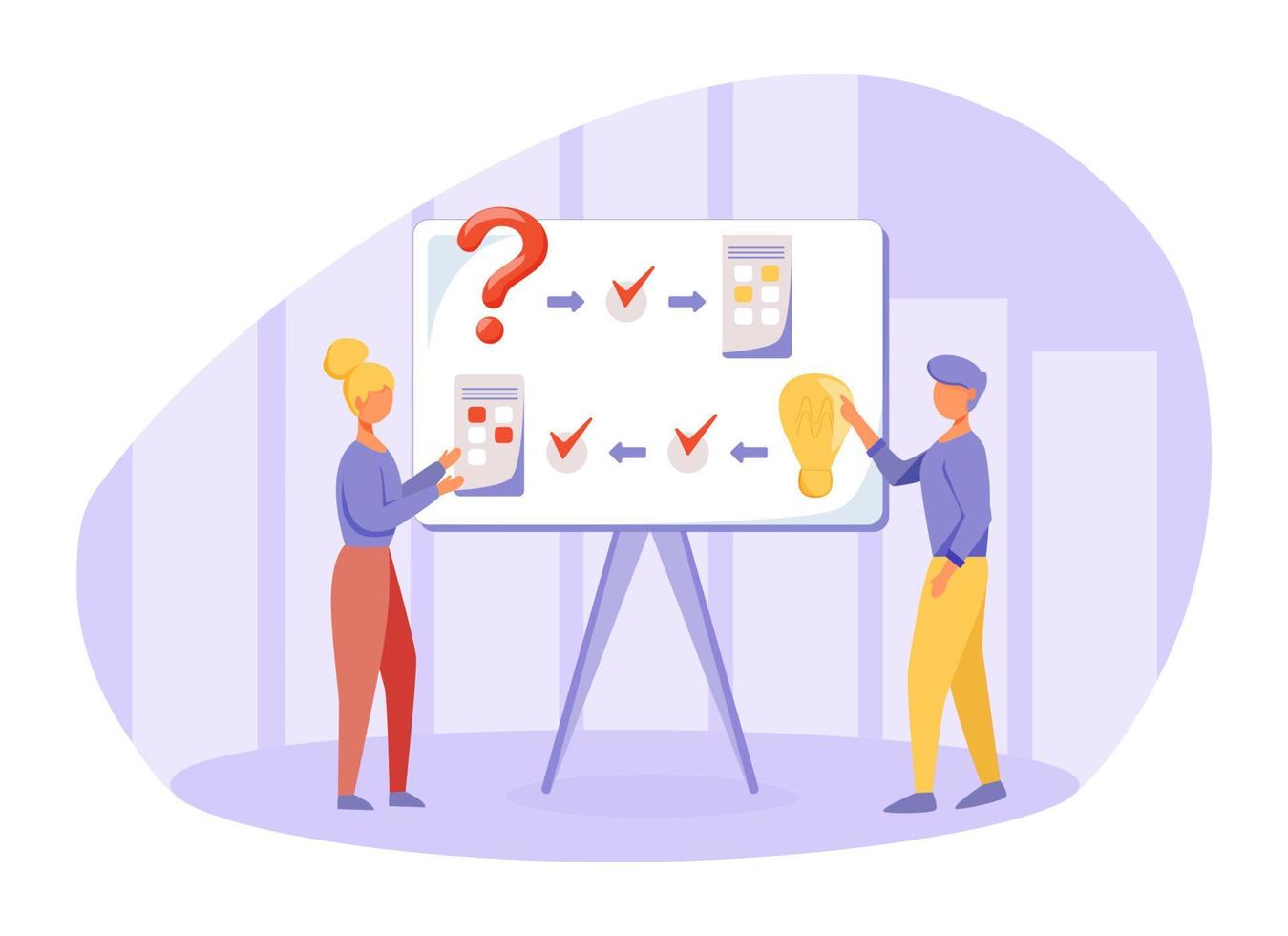 Brainstorming flat vector illustration. Logical thinking principles. Presentation. People discuss project. Boss and employee searching solution, generating idea. Reasoning colleagues cartoon character