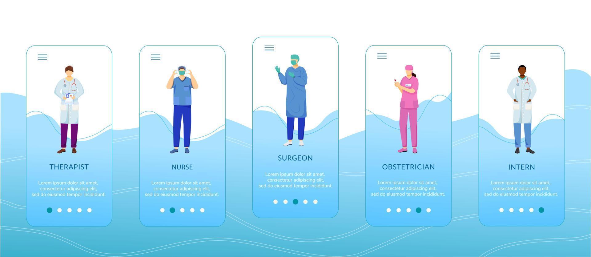 profesionales médicos que incorporan la plantilla de vector de pantalla de la aplicación móvil. terapeuta, enfermera, cirujano, obstetra. paso a paso del sitio web con caracteres planos. interfaz de dibujos animados de smartphone ux, ui, gui