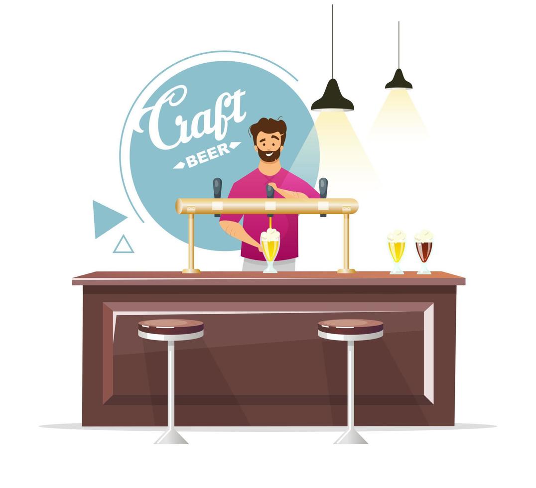 Craft beer pub production flat color vector illustration. Bartender pouring draught, tap beer. Barmen at counter. Microbrewery. Small brewery. Isolated cartoon character on white