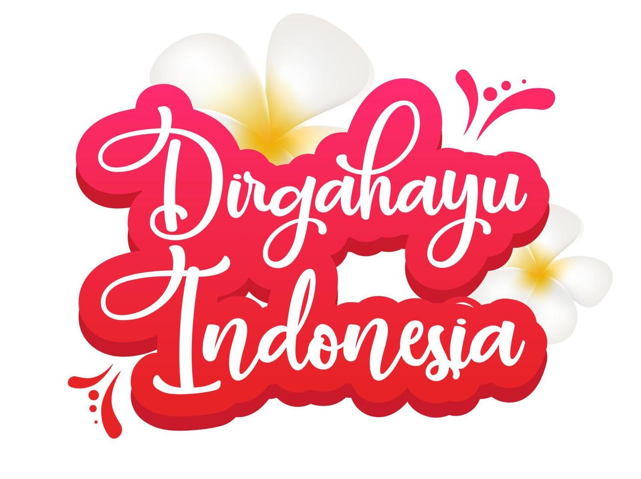 Dirgahayu Indonesia flat poster vector template. Slogan nasional. Tropical country. Banner, brochure page, leaflet design layout with text. Sticker with calligraphic lettering and plumeria