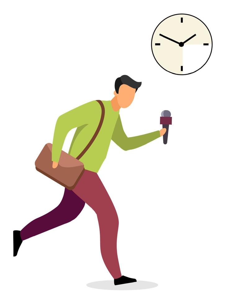 Reporter running with mic flat vector illustration. Male journalist working for sensational breaking news coverage cartoon character. Correspondent holding microphone rushing to take interview