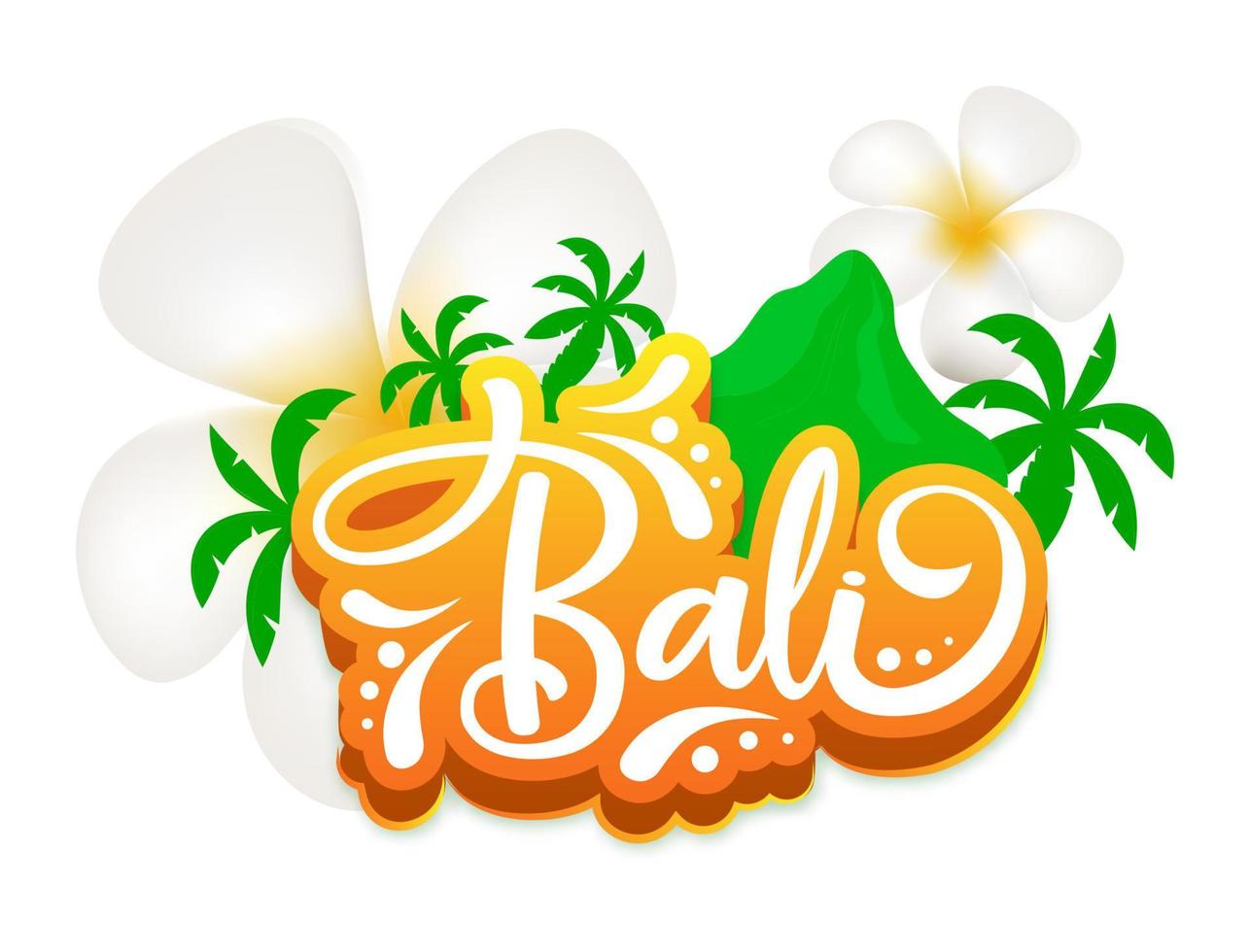 Bali flat poster vector template. Indonesian exotic island. Flowers and mountain. Asian culture. Banner, brochure page, leaflet design layout. Sticker with calligraphic lettering and plumeria