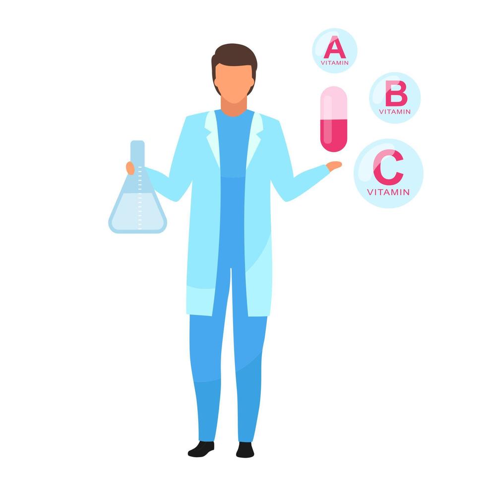 Ilustración de vector plano de medicación de cápsula de vitamina. nutricionista explicando componentes de vitamina sintética aislado personaje de dibujos animados sobre fondo blanco. farmacólogo que promueve el complemento alimenticio