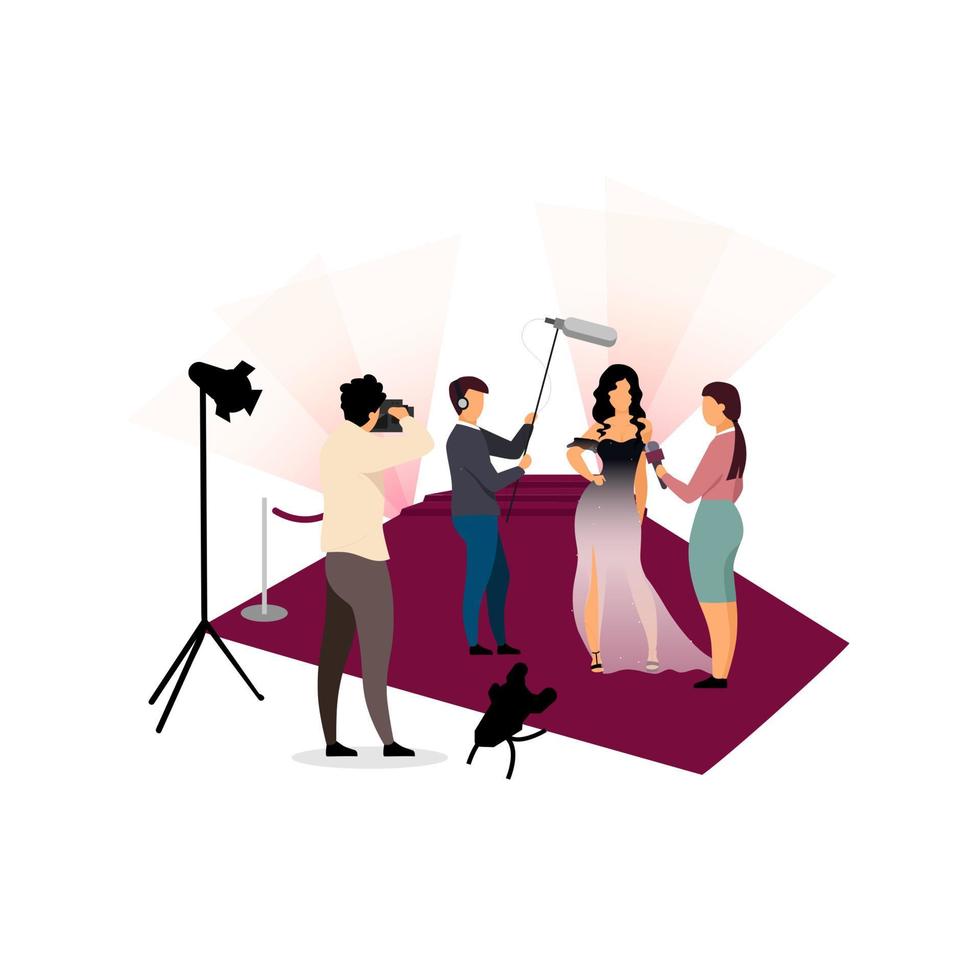 Journalists interviewing celebrity flat vector illustration. Photographers, paparazzi photographing movie star, female singer, famous person cartoon characters. Grand opening ceremony, concert