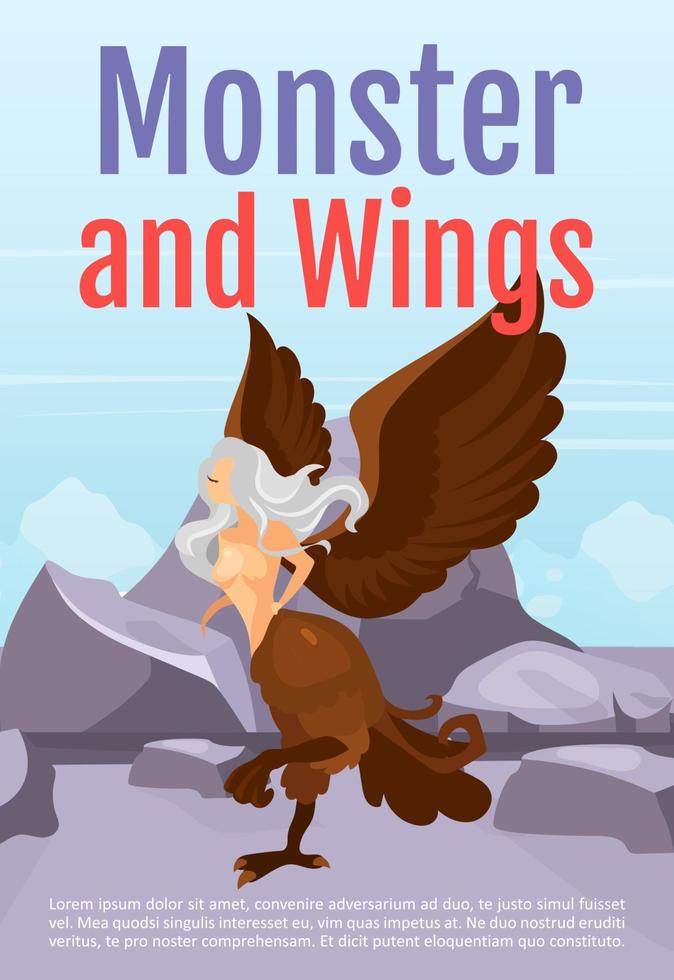 Monster and wings brochure template. Harpy on mountatin. Half-woman beast. Flyer, booklet, leaflet concept with flat illustration. Vector page cartoon layout for magazine. Invitation with text space