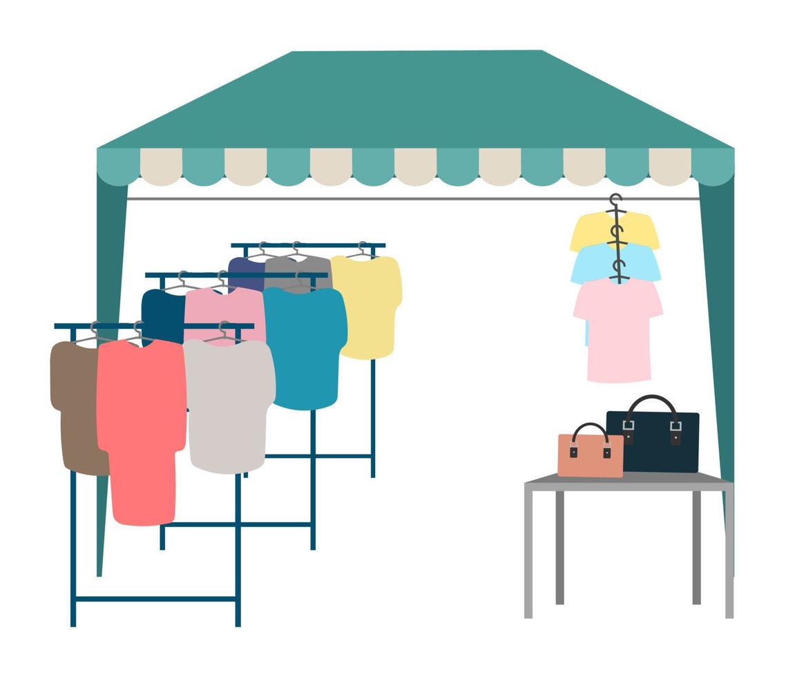 tienda comercial con ropa ilustración vectorial plana. mercadillo, feria toldo. tienda de ropa local al aire libre, concepto de dibujos animados de tienda aislado sobre fondo blanco. carpa de mercado con percheros de ropa vector