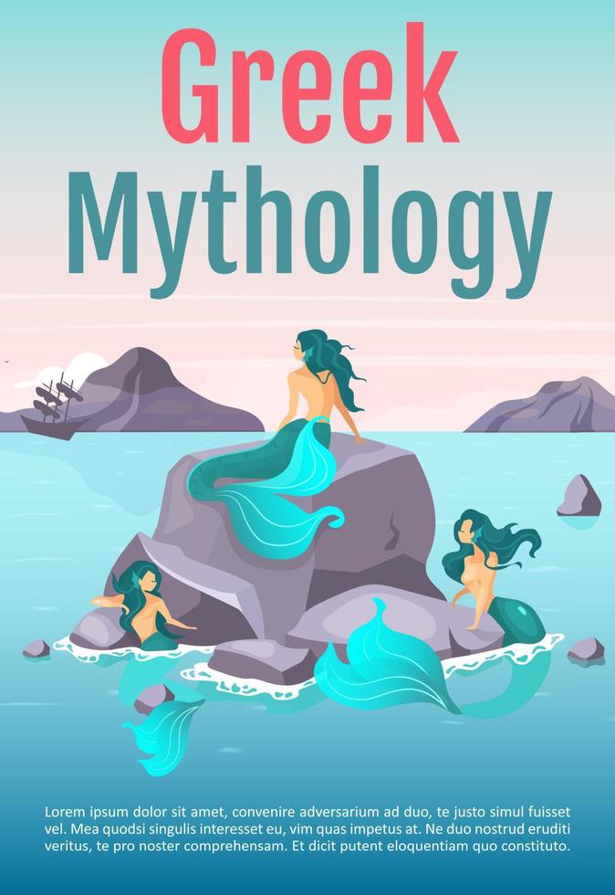 Greek mythology brochure template. Sirens on reef. Mermaids lure ship. Flyer, booklet, leaflet concept with flat illustration. Vector page cartoon layout for magazine. Invitation with text space