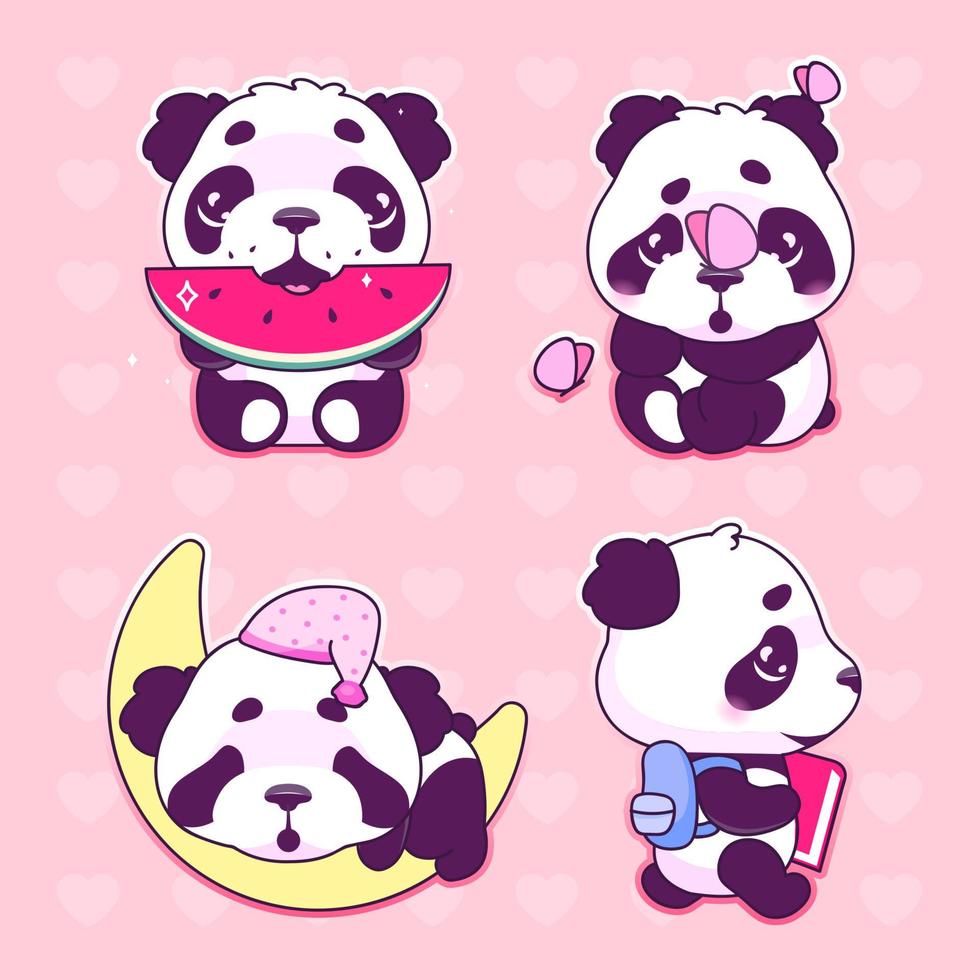 Conjunto de caracteres de vector de dibujos animados lindo panda kawaii. adorable y divertido animal comiendo sandía, durmiendo en la luna pegatina aislada, paquete de parches. anime bebé niña oso panda emoji sobre fondo rosa