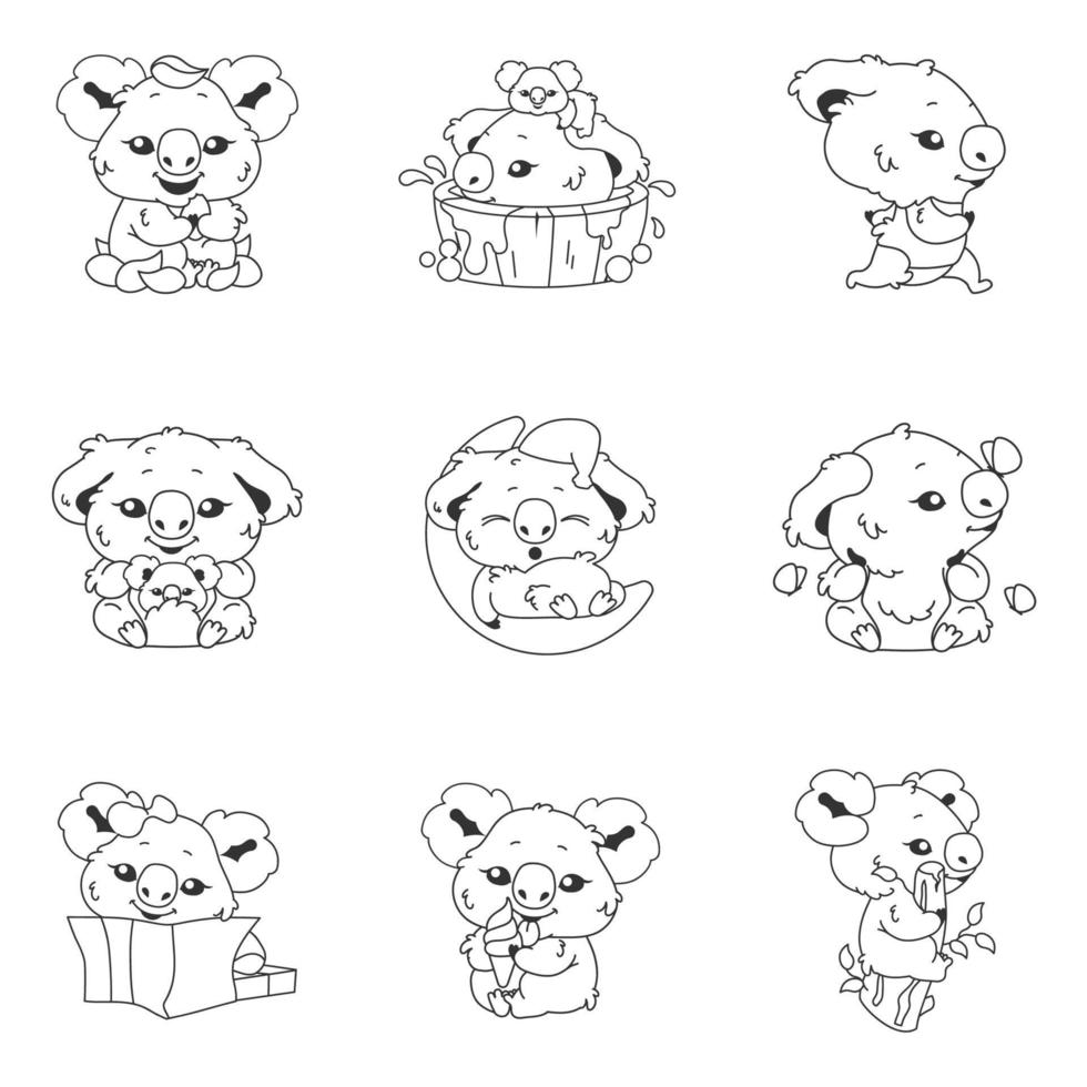 Cute koala kawaii linear characters pack. Adorable and funny animal running, bathing, sleeping on moon isolated stickers, patches. Anime baby koala doodle emojis thin line icons set vector