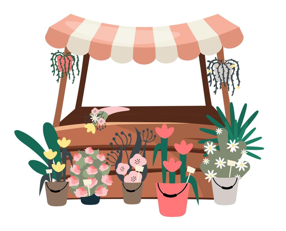 Ilustración de vector plano de puesto de mercado de flores. tienda local en la calle, tienda que vende plantas de interior, ramos de flores. concepto de dibujos animados de servicio de floristería. stand de compras, mostrador de compras de madera con toldo a rayas