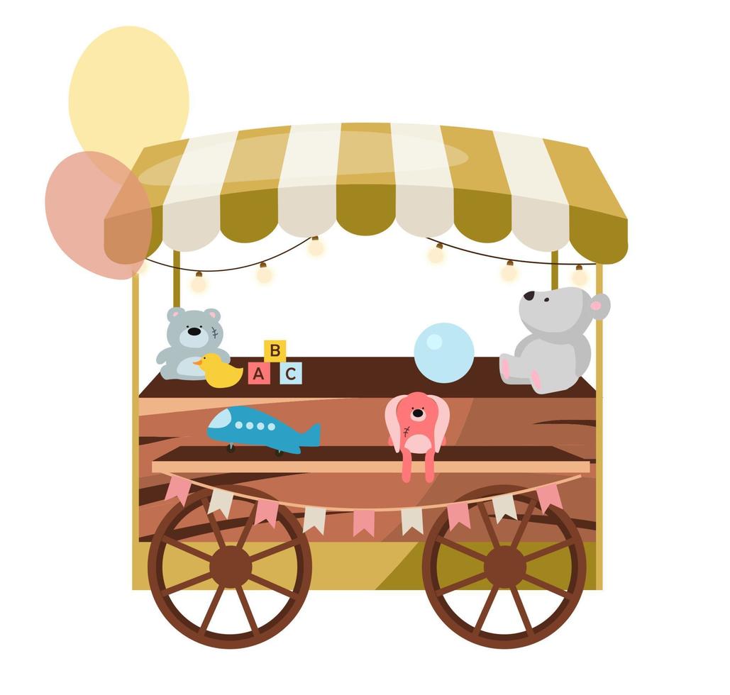 Street market wooden cart with toys flat vector illustration. Retro fair, funfair store stall on wheels. Trade trolley selling craft toys cartoon concept. Summer festival, carnival outdoor shop