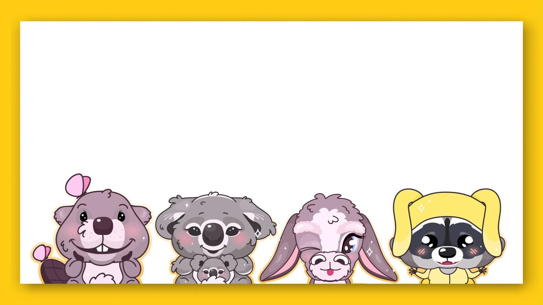 Marco de vector de personajes de kawaii de animales lindos. animado bebé koala, burro parpadeante, mapache, sonriente castor emoji borde cuadrado aislado con espacio de texto. ilustración de libro para niños, elemento de diseño de cartel