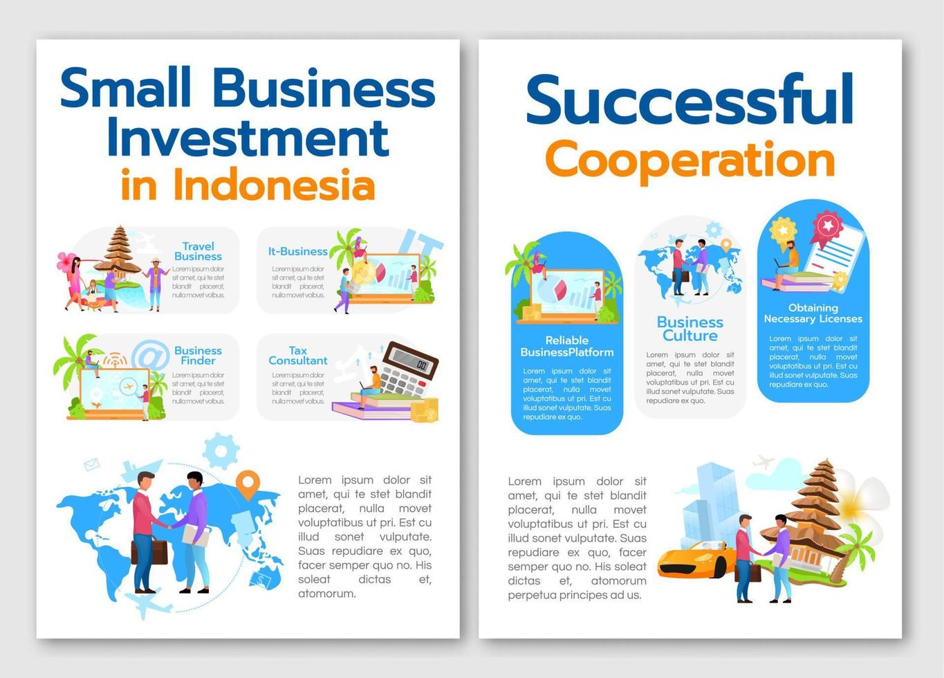 Small business investment in Indonesia brochure template. Flyer, booklet, leaflet print, cover design with linear illustrations. Vector page layouts for magazines, annual reports, advertising posters