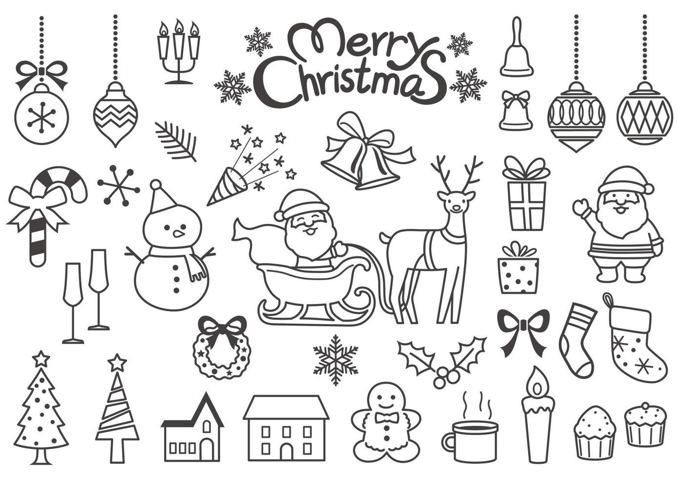 Christmas Elements Vector Line Drawing Set Isolated On A White Background.