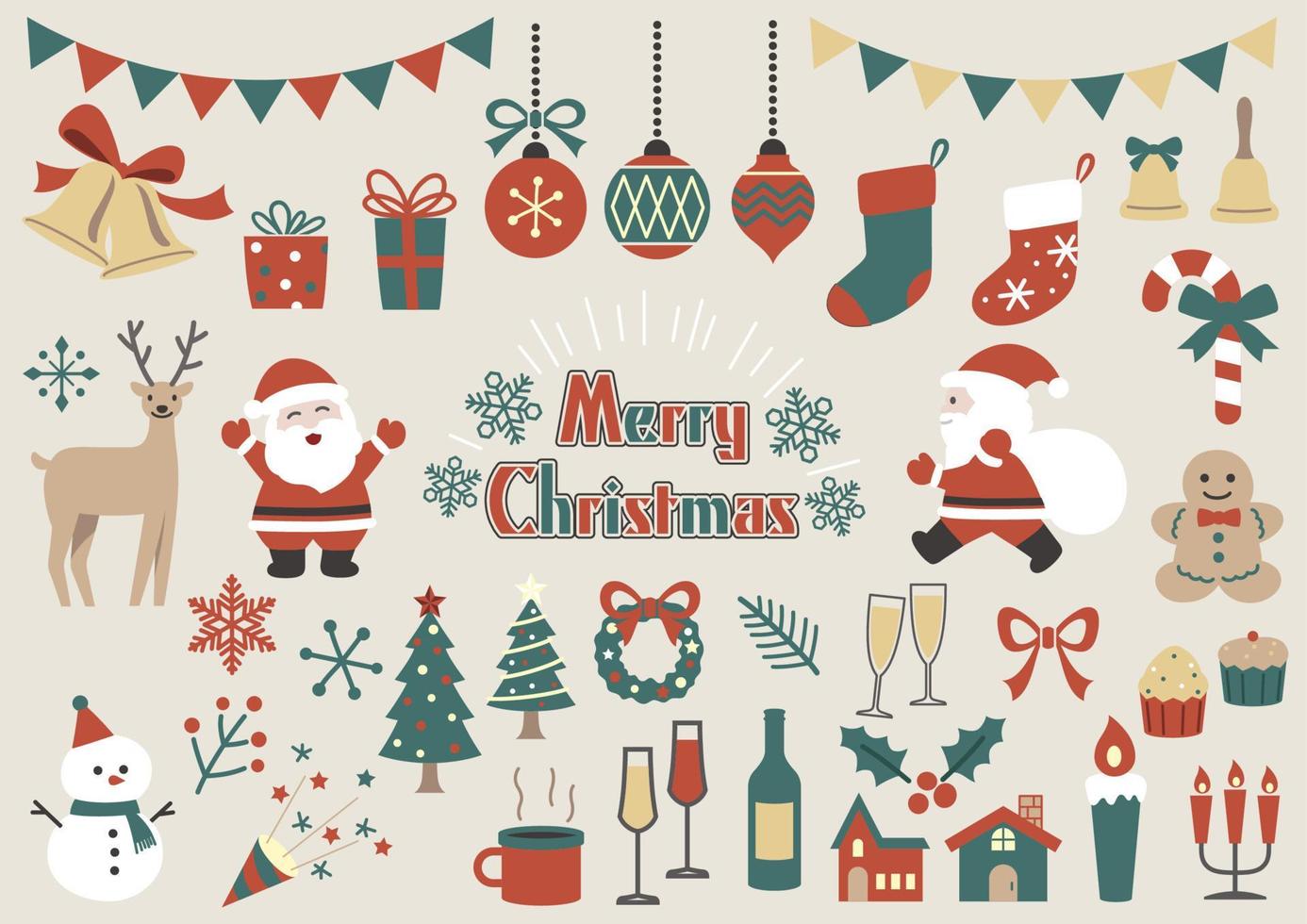 Christmas Elements Vector Flat Illustration Set Isolated On A Plain Background.