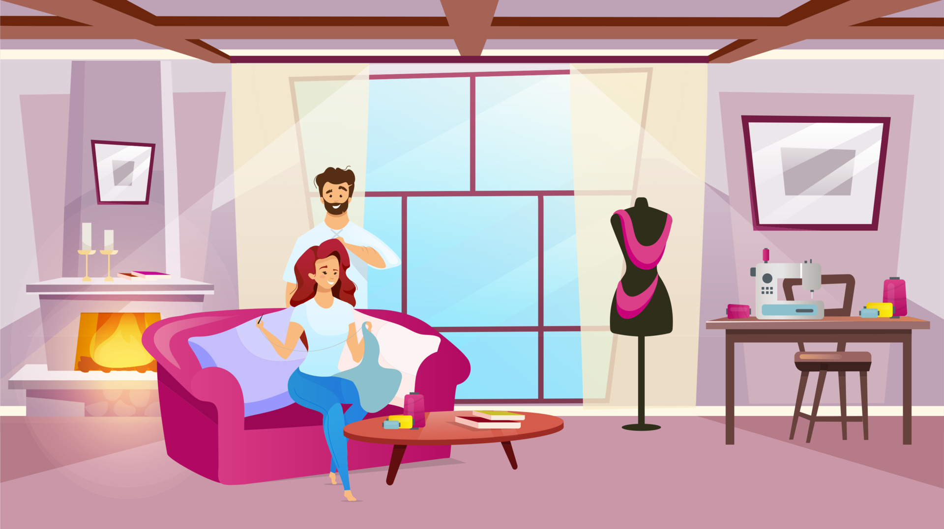 Female character sewing in cosy room flat color vector illustration. Woman  making clothing with her husband at home. Fashion designer creating  garment. Isolated cartoon character on white background 4305884 Vector Art  at