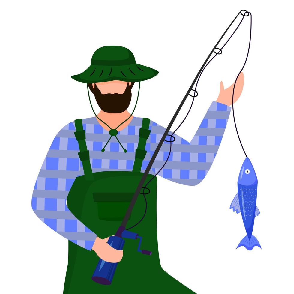 Fisherman flat vector illustration. Sport, active leisure. Maritime occupation. Fisher with fishing rod isolated cartoon character on white background