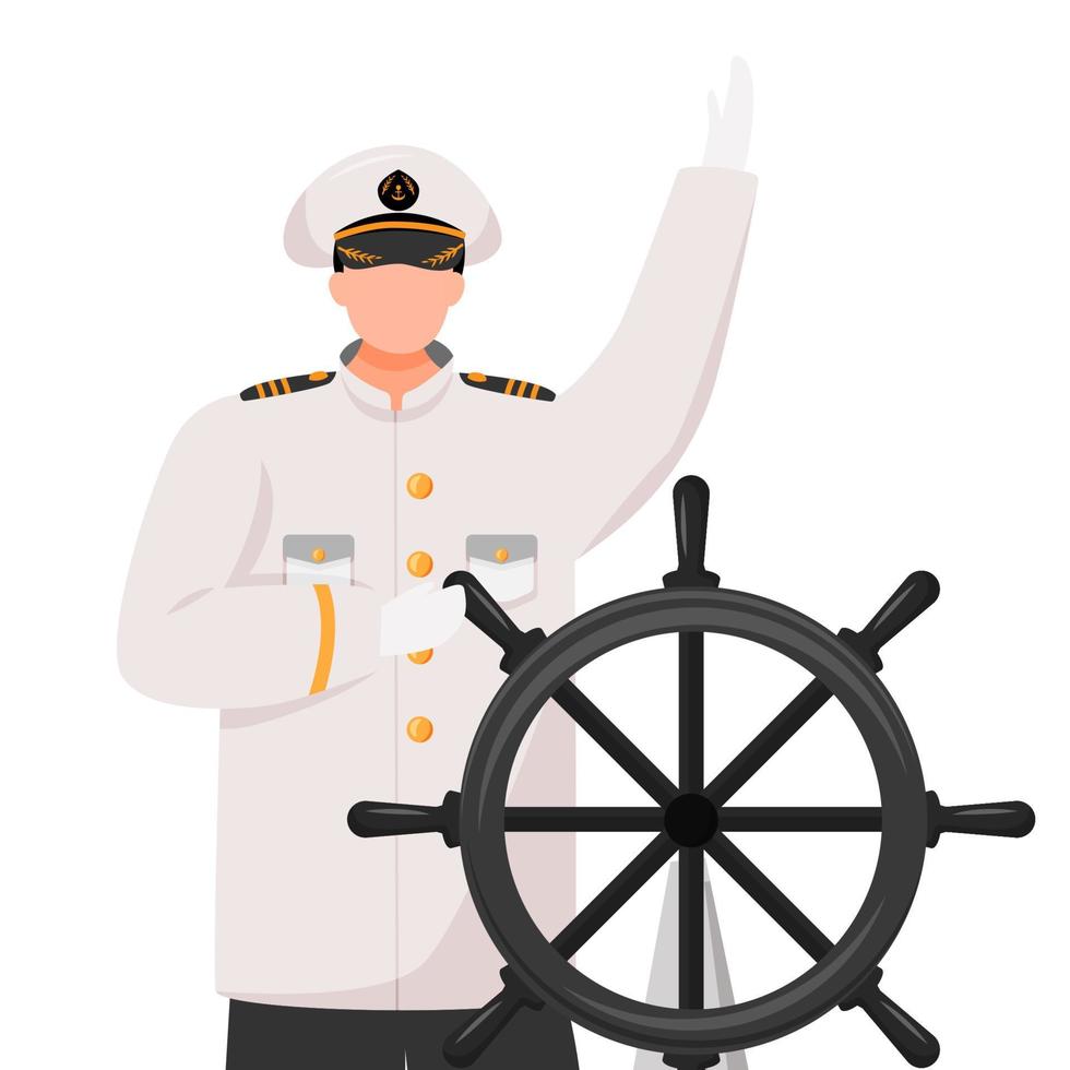 Captain flat vector illustration. Cruise liner. Navigator with helm. Seafarer. Skipper in work uniform isolated cartoon character on white background
