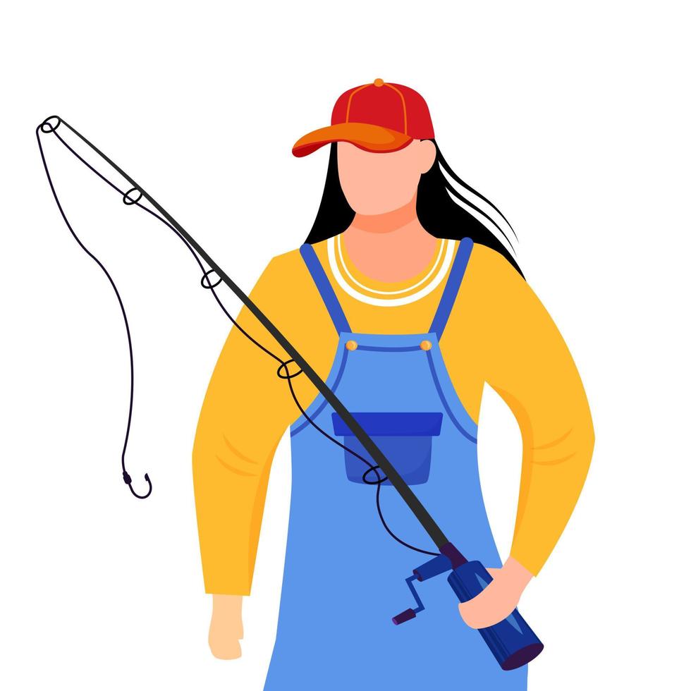 Fisherwoman flat vector illustration. Fisher with fishing rod and bucket isolated cartoon character on white background. Sport, active leisure