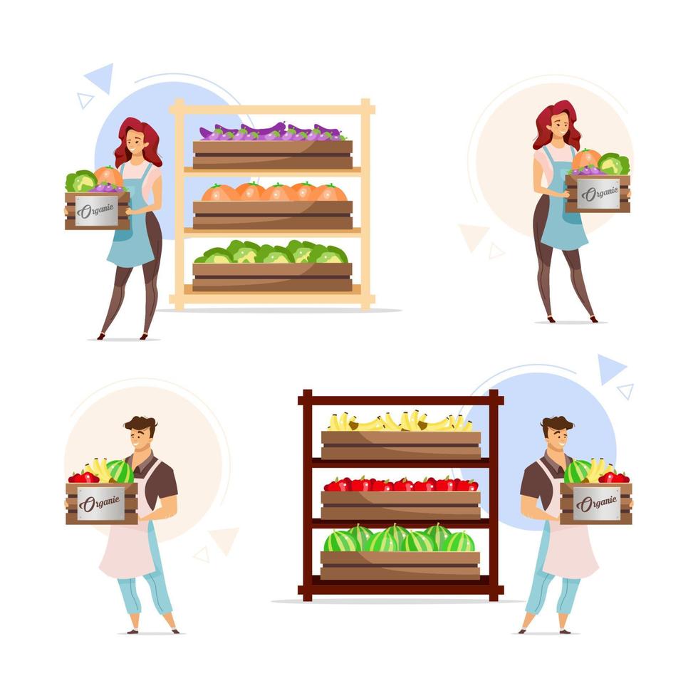 Organic fruit and vegetables flat vector illustrations set. Man and woman holding boxes. Male and female farmers in storage room with shelves. Farming. Isolated cartoon characters