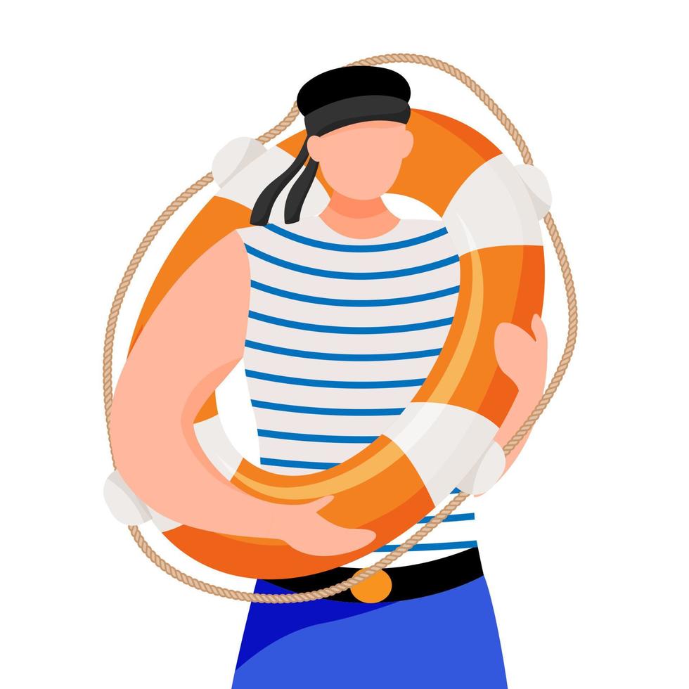 Boatswain flat vector illustration. Seafarer in work uniform. Maritime occupation. Sailor with lifebuoy isolated cartoon character on white background