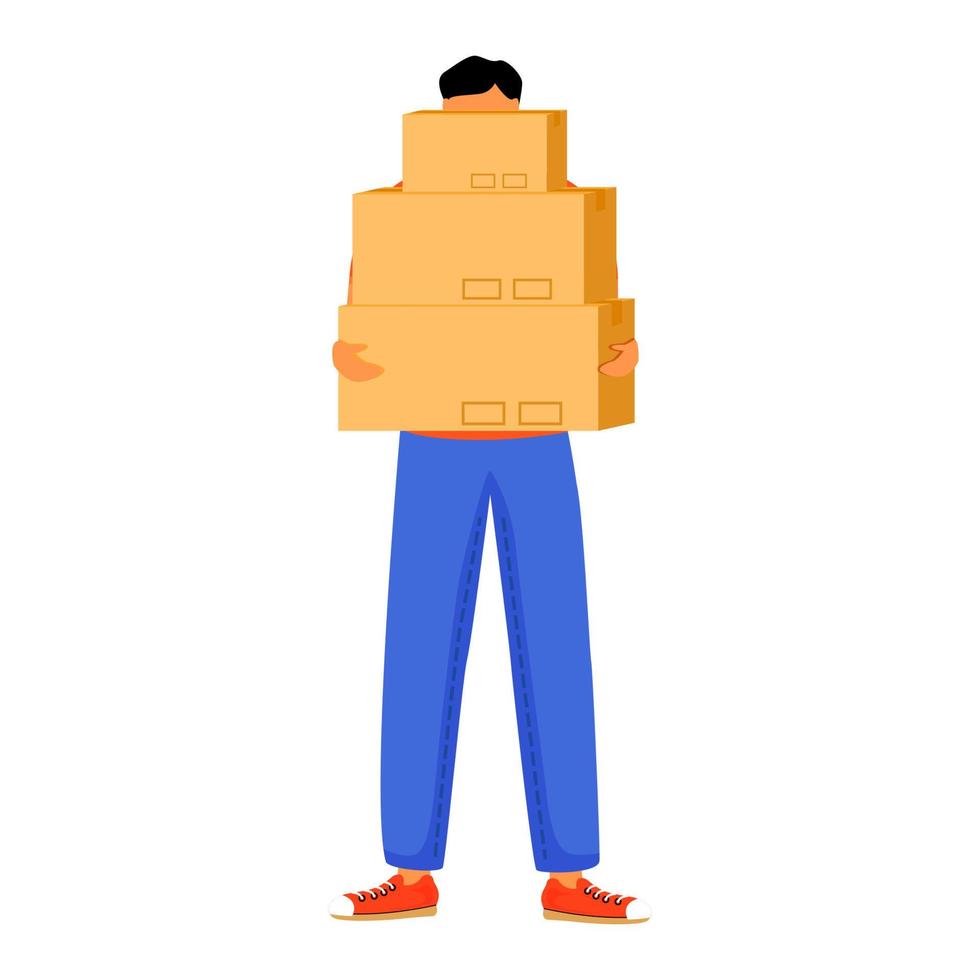 El hombre recibe tres paquetes de ilustración de vector de color plano. conseguir cajas en la oficina de correos. recoger orden. servicios de entrega. Niño de pie con paquetes de personaje de dibujos animados aislado sobre fondo blanco.