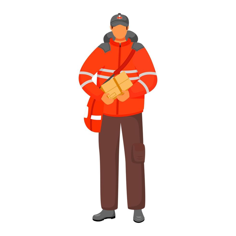Post office male worker flat color vector illustration. Royal mail employee. Traditional British post service. Delivery boy with package isolated cartoon character on white background