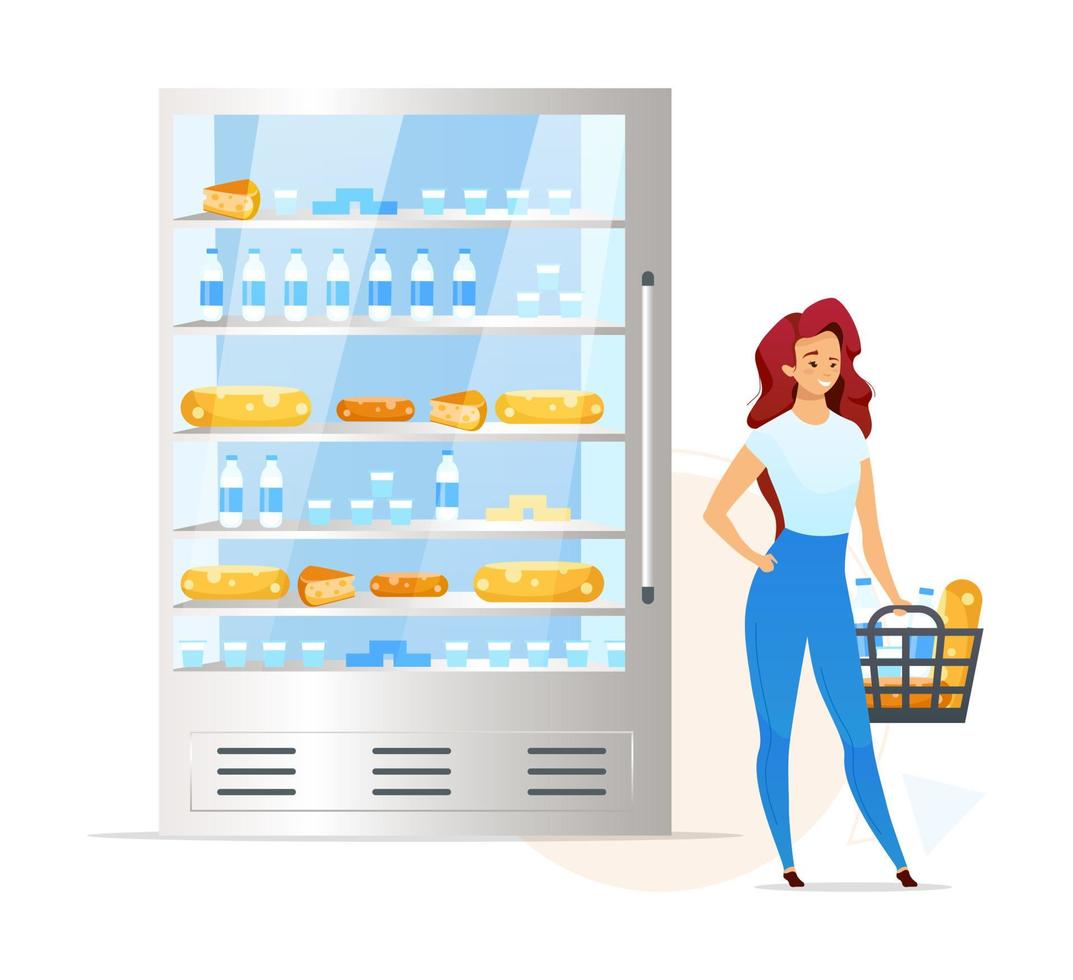 Mujer comprando productos lácteos ilustración de vector de color plano. personaje femenino con cesta llena de queso y leche. departamento de lácteos en supermercado. personaje de dibujos animados aislado sobre fondo blanco