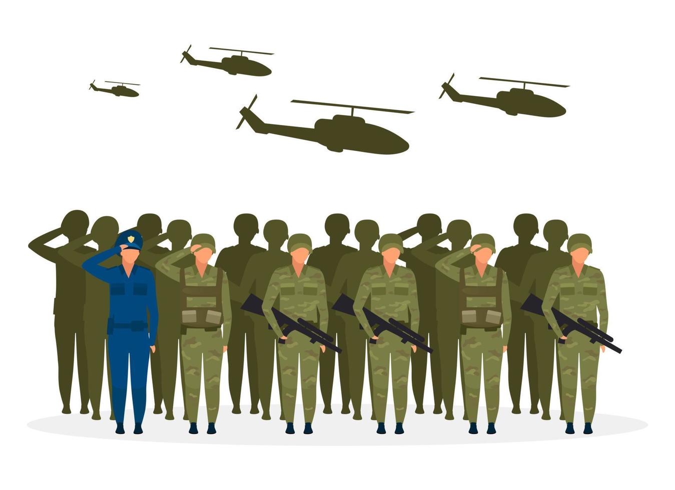 Ilustración de vector plano de régimen militar. metáfora del sistema político. forma de gobierno. dictadura de oficiales militares. gobierno durante el conflicto bélico. personajes de dibujos animados de la institución del ejército