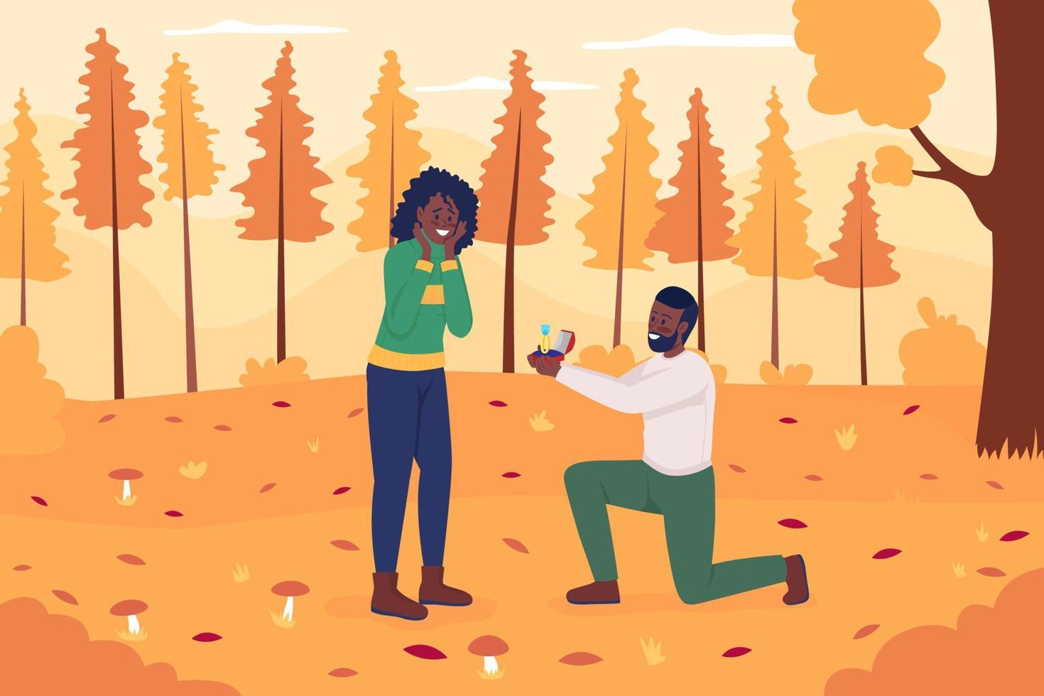 Romantic fall proposal flat color vector illustration