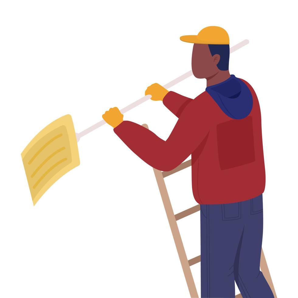 Man with shovel on ladder semi flat color vector character