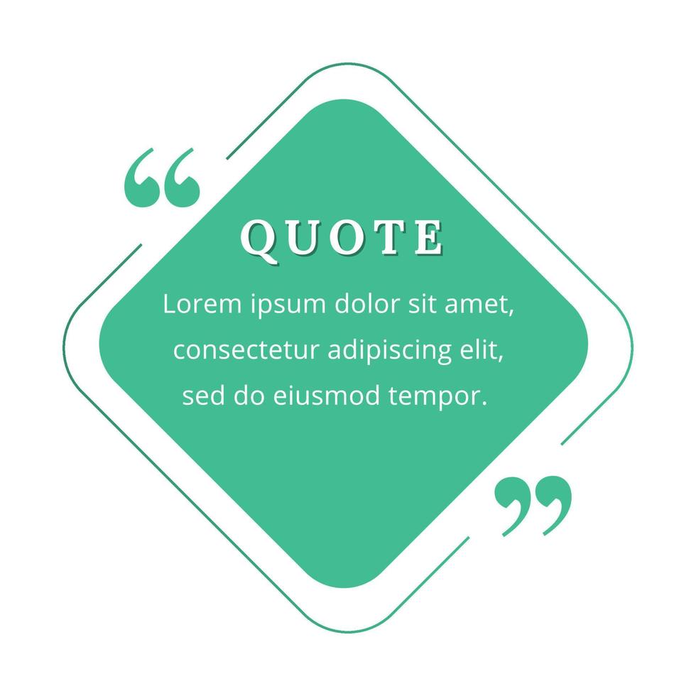 Quote blank frame vector template. Green speech bubble. Quotation, citation text box design. Rhombus with rounded edges empty textbox background for message, comment, note