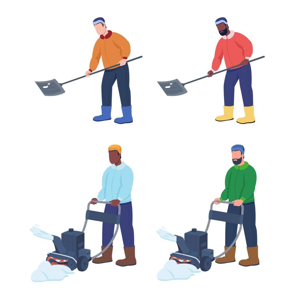 Man cleaning snow semi flat color vector characters set