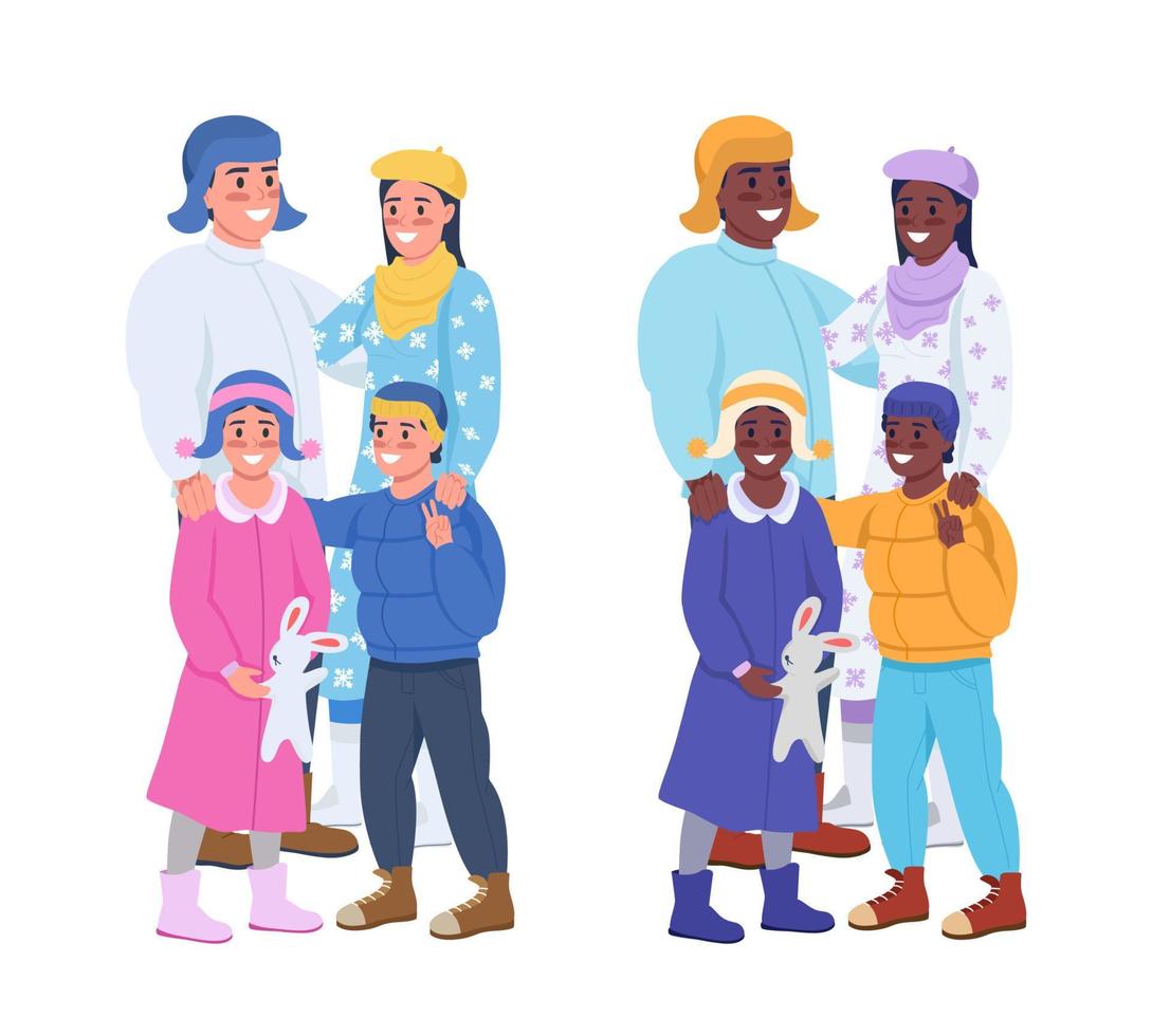 Family in cold weather semi flat color vector characters set