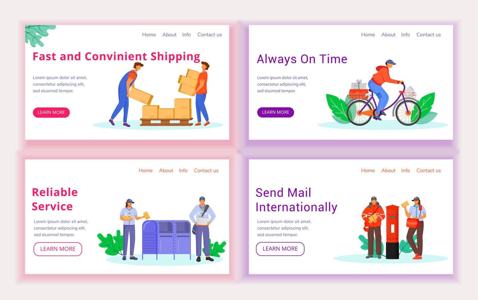 Post service delivery landing page vector template set. Shipping website interface idea with flat illustrations. Male, female uniform in UK and USA homepage layout, web banner, webpage cartoon concept
