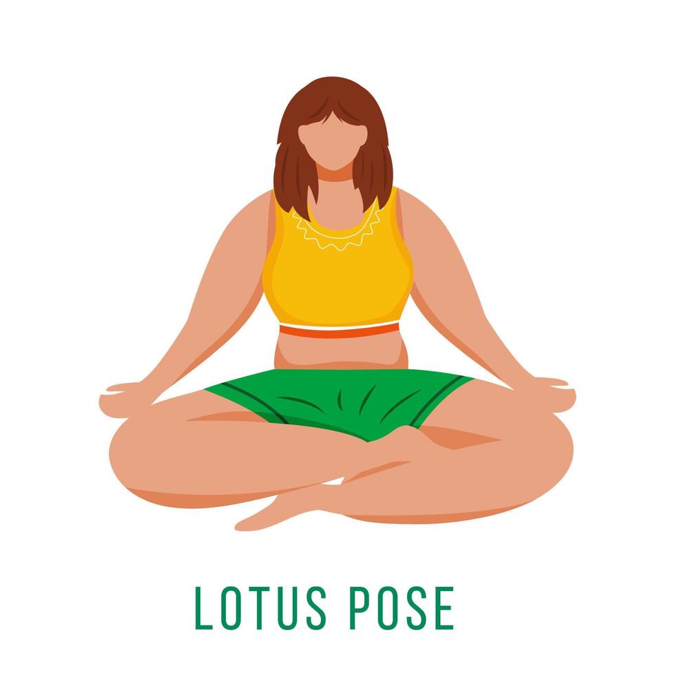 Lotus pose flat vector illustration. Padmasana. Caucausian woman performing yoga posture in green and yellow sportswear. Workout. Physical exercise. Isolated cartoon character on white background