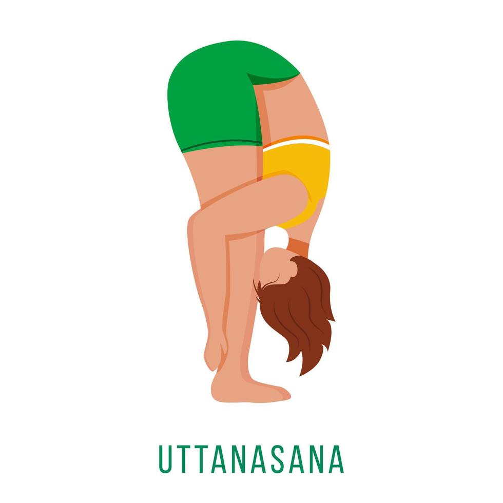 Uttanasana flat vector illustration. Standing forward bend. Caucausian woman performing yoga posture pose in green and yellow sportswear. Workout. Isolated cartoon character on white background