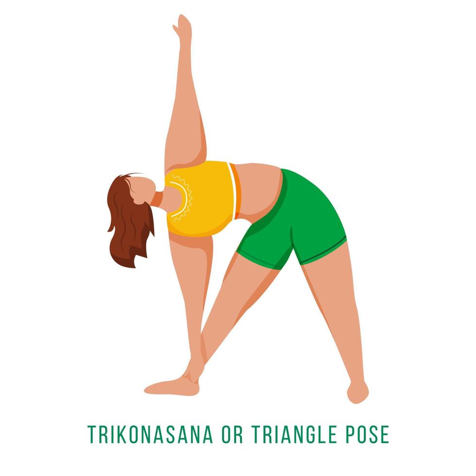 Trikonasana flat vector illustration. Triangle pose. Caucausian woman performing yoga posture in green and yellow sportswear. Workout. Physical exercise. Isolated cartoon character on white background