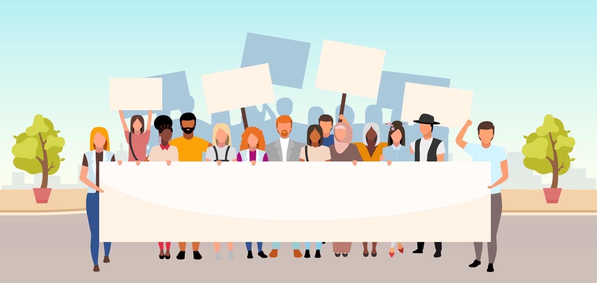 Street protest flat vector illustration. Unity in diversity. Social movement, demonstration. Multicultural activists, protesters holding blank banners cartoon characters. Human rights protection event